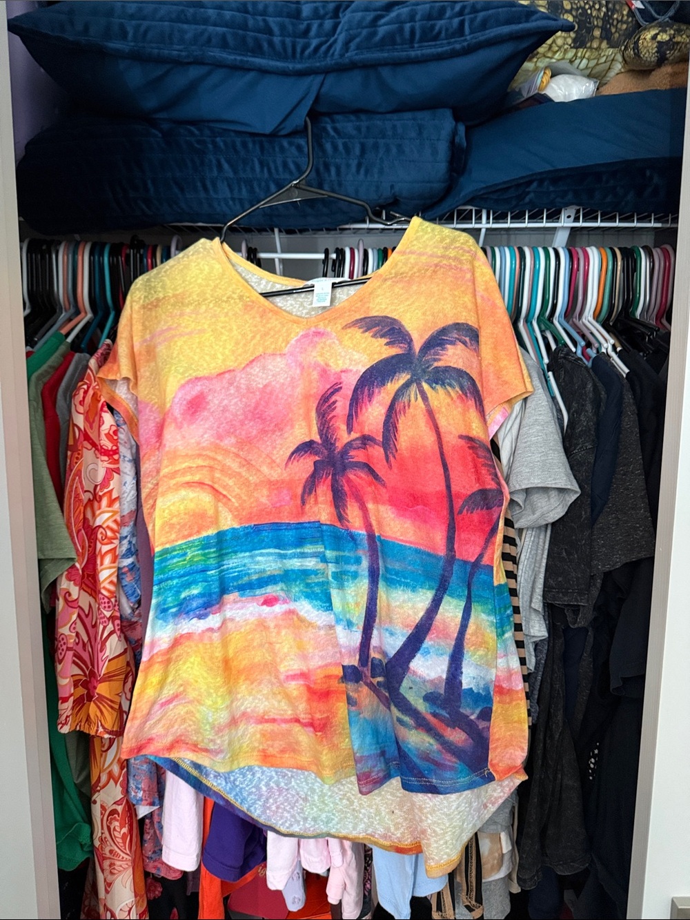 Tropical Sunset Palm Print Women's Tee - Orange Pink Blue